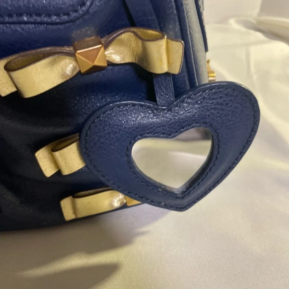 🟢 Samantha Thavasa Bow-Embellished Satchel / Boston Bag Navy Blue, Gold Hardware
